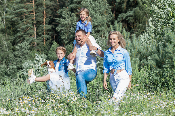 Beautiful happy outdoor family concept photo. They hold hands against a background of blue sky and green grass. Smiles and happiness on their faces. Father, mother, two daughters and dog. Nature walk. - Fotografie, Obrázek