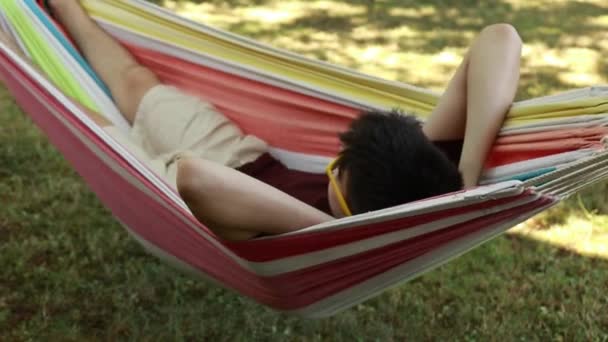 jonge man liggend in hangmat in de zomer in het veld - Video