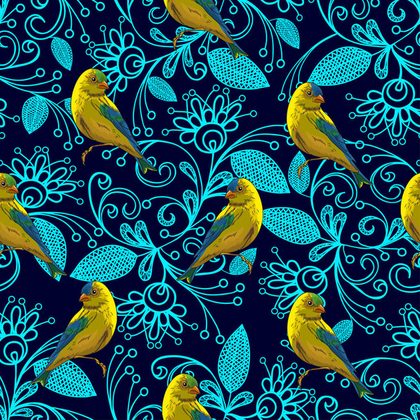 Little cute birds on a floral decorative background. Yellow tits on a blue-blue white ornament in ethnic style. Seamless pattern. - Vektor, Bild
