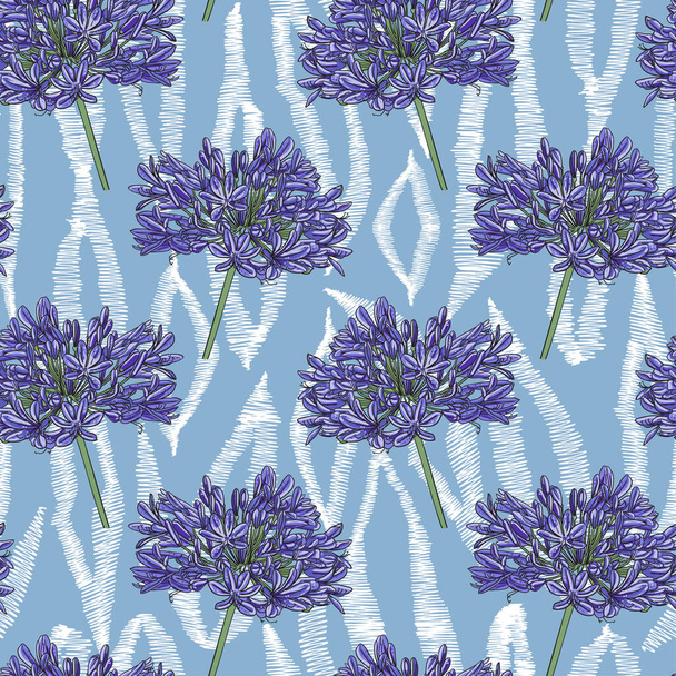 Image of blue Agapanthus flowers on an abstract ornament. White zigzag shapes on a blue background. Seamless pattern for different surfaces. - Vetor, Imagem