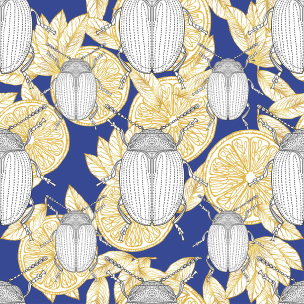 White beetles sit on fruits. Gold slices of lemons with leaves on a blue background. Seamless vector pattern. - Vetor, Imagem