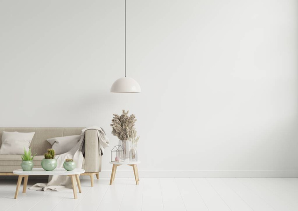 Prázdný obývací pokoj s hnědou barvu pohovka / okrasné sklo sklenice a stůl na prázdné bílé zdi pozadí. 3D vykreslování - Fotografie, Obrázek