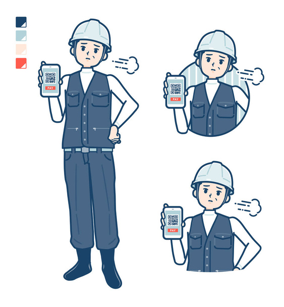 A Man wearing workwear with cashless payment on smartphone Troubled images - Vector, imagen
