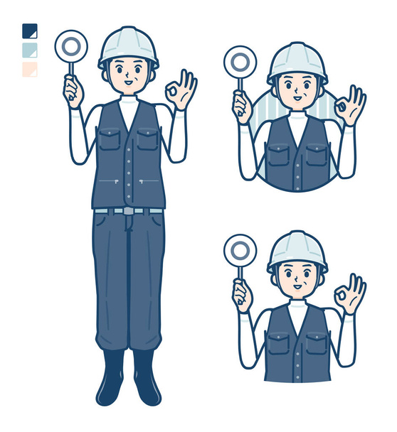 A Man wearing workwear with Put out a circle panel image - ベクター画像