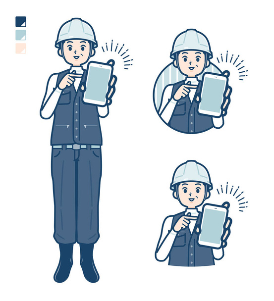 A Man wearing workwear with Offer a smartphone images - Vector, Image