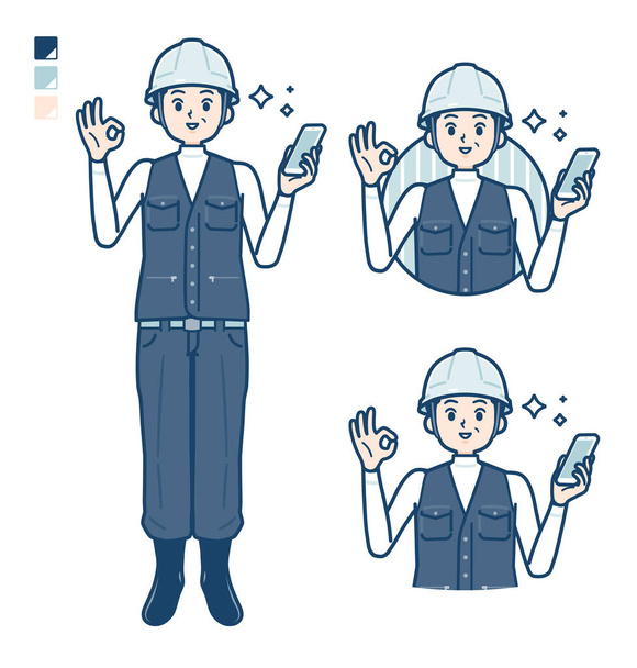 A Man wearing workwear with Holding a smartphone and doing an OK sign images - ベクター画像