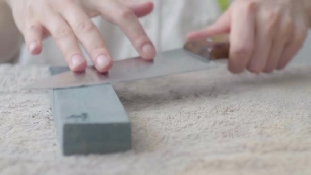 Το χέρι του λευκού ανθρώπου ακονίζει ένα μαχαίρι κουζίνας σε μια ορθογώνια πέτρα σε λευκό φόντο - Πλάνα, βίντεο