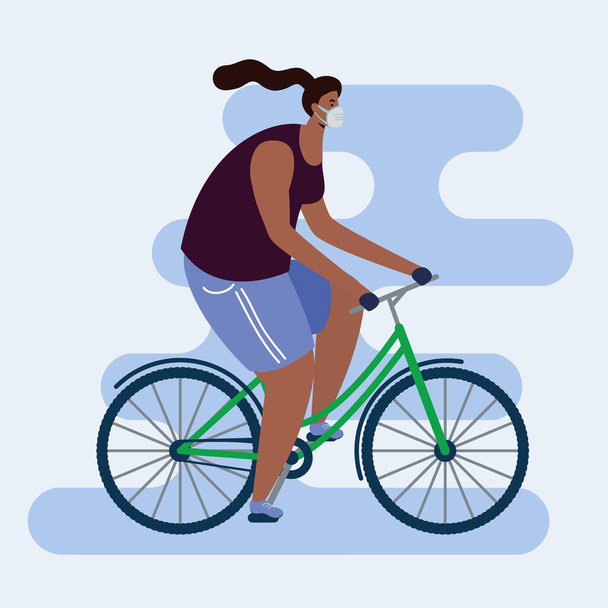 mujer afro joven con máscara médica en bicicleta - Vector, imagen