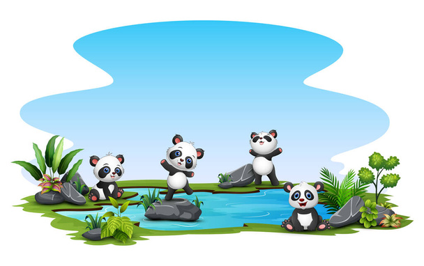 Groupe de panda dans l'étang - Vecteur, image
