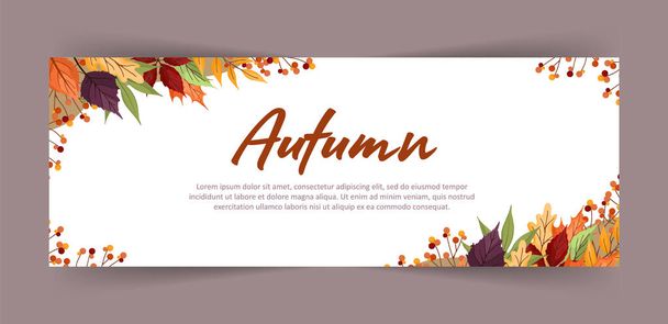 Banner s barevnými podzimními javory, listy a větvemi z jeřábu, olše a osiky. Webdesign. Vektorová ilustrace v plochém stylu. - Vektor, obrázek