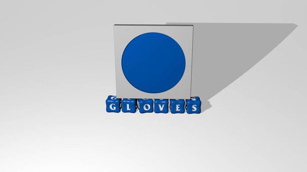 3D иллюстрация графики GLOVES и текста, сделанные металлическими буквами кубиков для соответствующих значений концепции и презентаций. фон и бокс - Фото, изображение