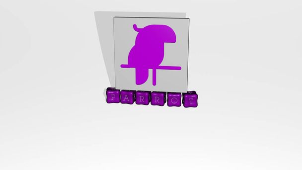Représentation 3D du perroquet avec icône sur le mur et texte arrangé par des lettres cubiques métalliques sur un plancher miroir pour la signification du concept et la présentation du diaporama. oiseau et illustration - Photo, image