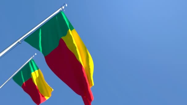 Benin nemzeti zászlaja a szélben repül a kék ég ellen. - Felvétel, videó