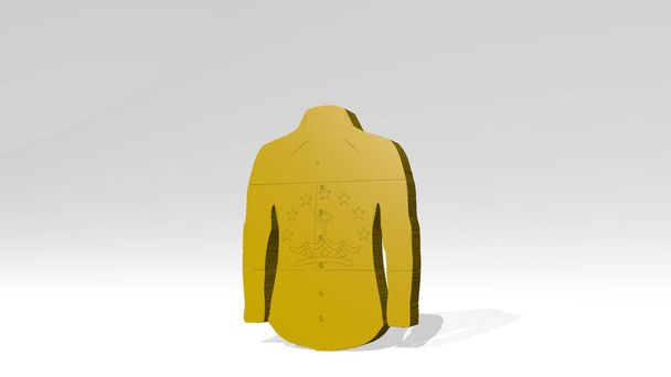 shirt made by 3D illustration of a shiny metallic sculpture on a wall with light background. white and young - Photo, Image