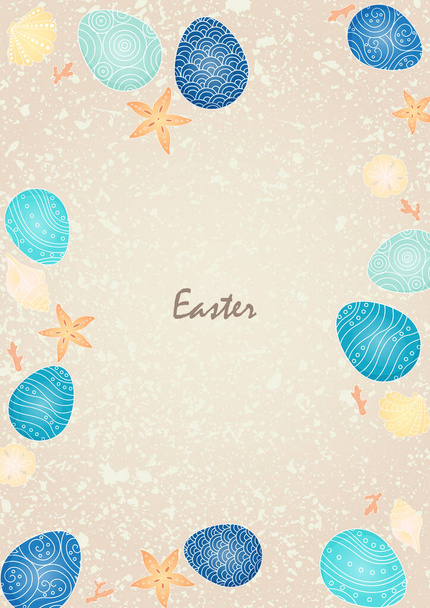 Huevo de Pascua con marco de vida marina sobre fondo abstracto de playa de arena para la decoración en el festival de Pascua - Vector, imagen
