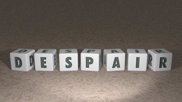 glänzender DESPAIR aus kubischen Buchstaben von oben, hervorragend für die Konzeptpräsentation in 3D-Illustration. Depressionen und Depressionen - Foto, Bild