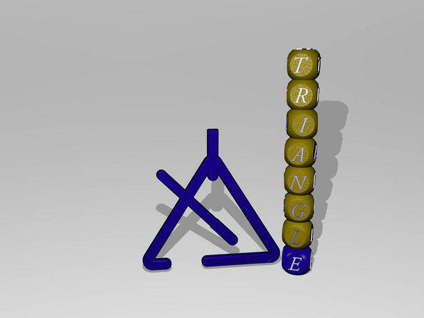 3D-Darstellung eines Dreiecks mit Symbol an der Wand und Text, angeordnet durch metallische kubische Buchstaben auf einem Spiegelboden für Konzeptbedeutung und Diashow-Präsentation. Abbildung und Hintergrund - Foto, Bild