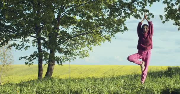 Venku portrét ženy stojící v pozici stromu vrikshasana na přírodním pozadí. Sportovní dívka v kapuci dělá jógu sama na venkově zpomalený textový prostor. Pojetí životního stylu sportovní zdravotní péče - Záběry, video