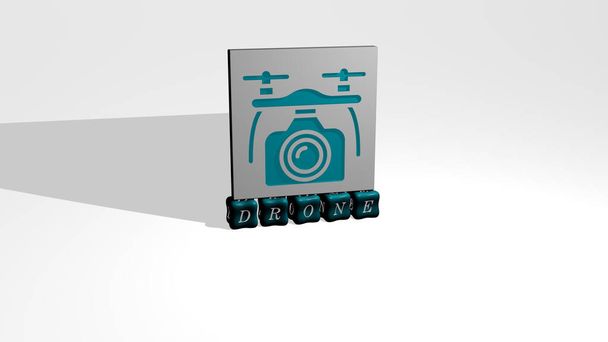 3D иллюстрация графики дрона и текста, сделанные металлическими буквами кубиков для соответствующих значений концепции и презентаций. Воздушный и вид - Фото, изображение