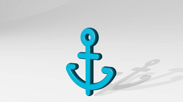 Kotwica wykonana przez 3D ilustracji błyszczącej rzeźby metalicznej z cieniem na jasnym tle. łódź i konstrukcja - Zdjęcie, obraz