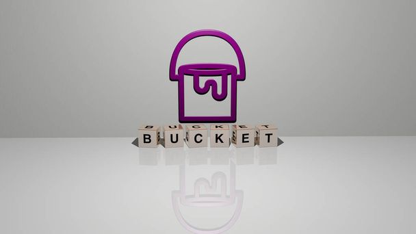 Representação 3D de BUCKET com ícone na parede e texto dispostos por letras cúbicas metálicas em um piso espelho para significado conceito e apresentação slideshow. ilustração e fundo
 - Foto, Imagem