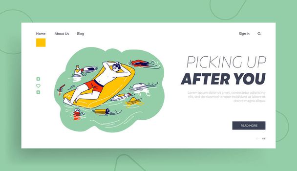 Littering Environment with Trash Landing Page Template. Male Character Float on Inflatable Mattress with Garbage around - Vector, Image
