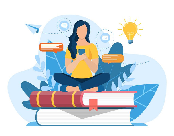 Girl sitting on pile of books - Vector, Image