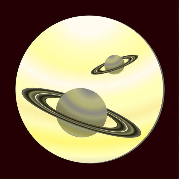 Planety podobne do Saturna, widok z otworu. Fantastyczny projekt przestrzeni. Ilustracja wektora w stylu płaskim. - Wektor, obraz