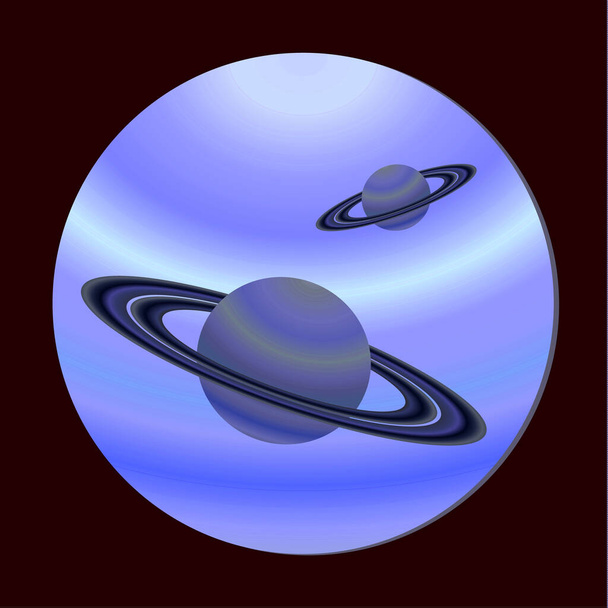 Pianeti simili a Saturno, vista dall'oblò. Fantastico design spaziale. Illustrazione vettoriale in stile piatto. - Vettoriali, immagini