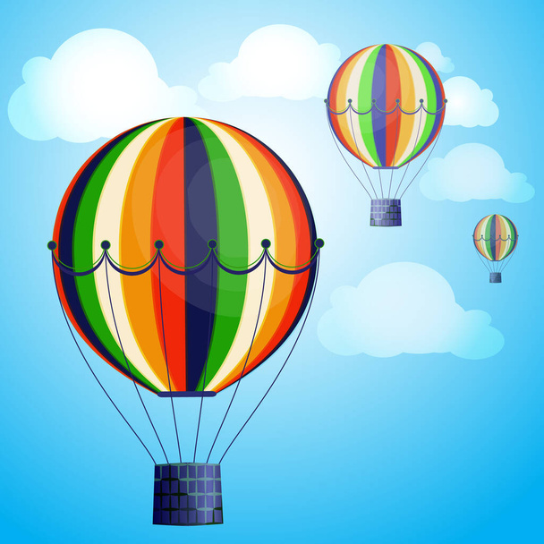Large colored balloons soar against the bright sky and clouds. Vector illustration for your design. - Vektor, kép