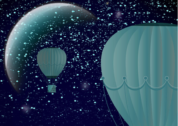 Grote ballon op een donkere nacht kosmische achtergrond met planeten en heldere sterren. Fantasie. Vectorillustratie - Vector, afbeelding