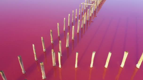 Pink lake and old wooden structures. Aerial view. - Footage, Video