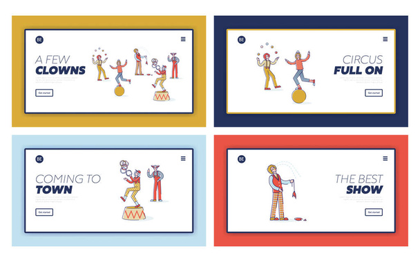 Набор страниц посадки с клоунами в красных париках с макияжем и красными носами на белом фоне - Вектор,изображение