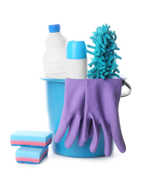 Set of cleaning supplies on white background - Photo, Image