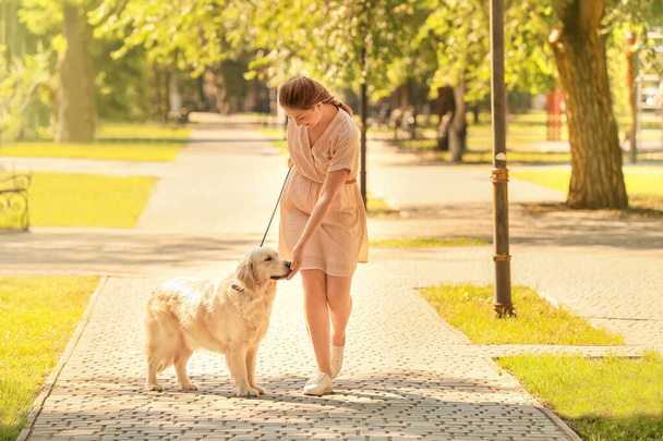 Νεαρή γυναίκα με χαριτωμένο σκυλί που περπατάει στο πάρκο - Φωτογραφία, εικόνα