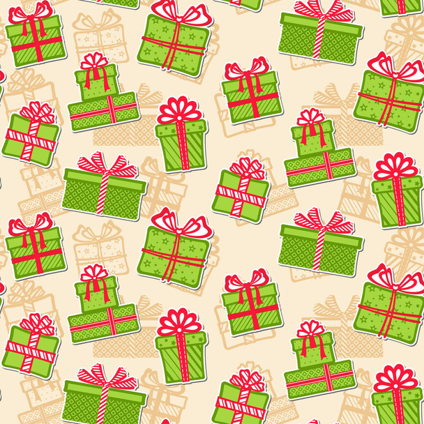 Stickers of green gift boxes with different red ribbons and bows on a beige background with silhouette of gift boxes. Vector seamless pattern for festive design, Christmas wallpaper, banner, wrapping paper, packaging, wrapper, website and print - Vektor, Bild