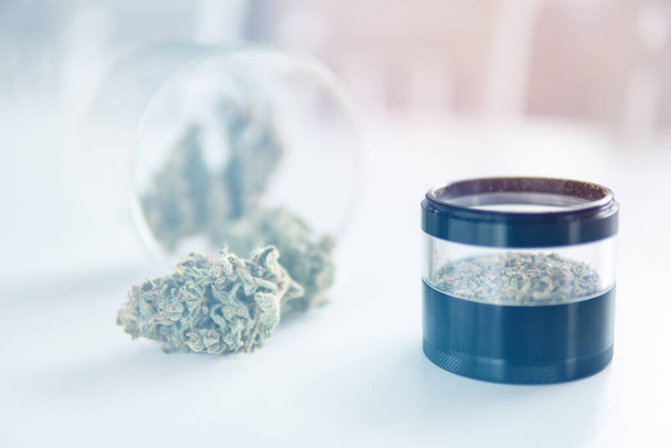 THC CBD. Sativa Indica medical health. Cannabis buds in grinder. Marijuana nature bud. The pot leaves on buds. White background. Light leaks toned - Photo, Image