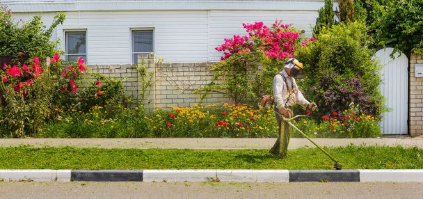 ο κηπουρός τελειώνει το κούρεμα του χορτοκοπτικού στο φόντο του φράχτη με λουλούδια. - Φωτογραφία, εικόνα