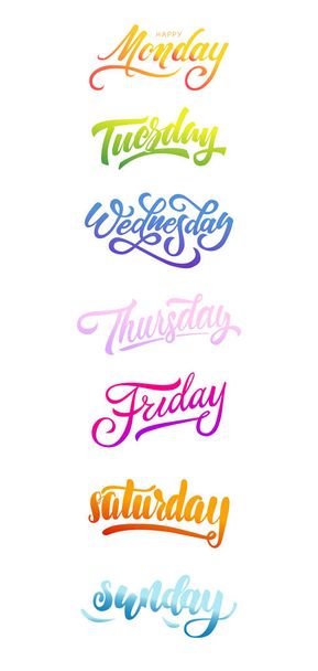  написи, каліграфія, типографічний набір днів тижня, понеділок, вівторок, середа, четвер, п'ятниця, субота, неділя, барвистий градієнт, яскравий
 - Фото, зображення
