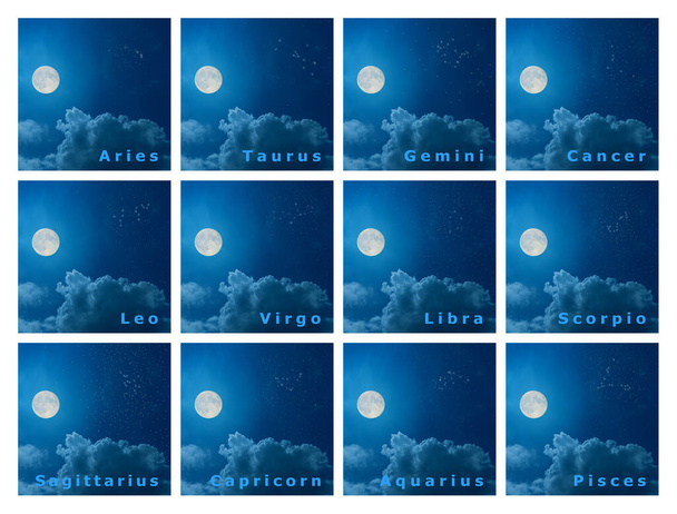 Πλήρες σύνολο των αστερισμών zodiac σχεδιασμού με την πανσέληνο στο νυχτερινό ουρανό - Φωτογραφία, εικόνα