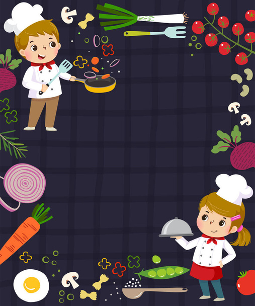 2人の子供シェフと料理のコンセプトの広告の背景のためのテンプレート. - ベクター画像