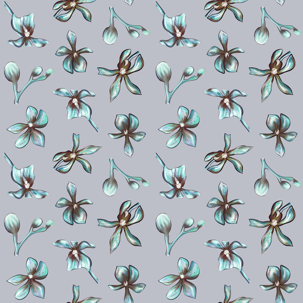  Gri arkaplanda pürüzsüz mavi orkide deseni. Orkidelerin güzel Botanik çizimi. Çiçek dokusu. Tekstil, baskı, kağıt, ambalaj için tasarım - Fotoğraf, Görsel