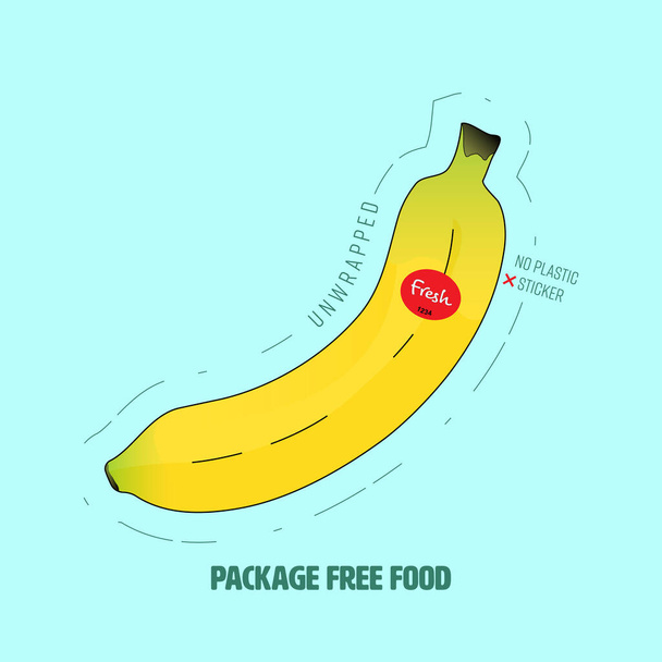Auspackte Banane mit typografischem Design. Paketfreies Lebensmittelkonzept. Vektorillustration. - Vektor, Bild
