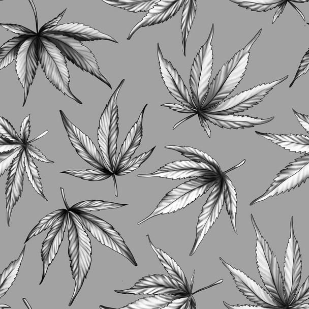 Marijuana pattern. Seamless pattern of cannabis leaves. Hemp on a gray background. Monochrome Botanical Ganji pattern - Photo, image