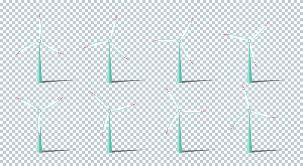 Set of vector illustration. Windmills with shadow. Wind turbines with changing angle rotation. Symbol of ecological power. Alternative energy resources. For design landscapes, games, infographics, etc - Vector, Image