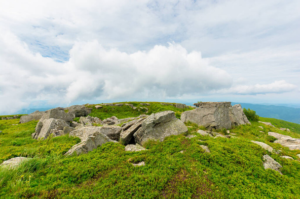 boulders on the alpine hillside. view from the edge of a hill. beautiful summer landscape in mountains. overcast windy weather  with grey clouds on the sky - Photo, image