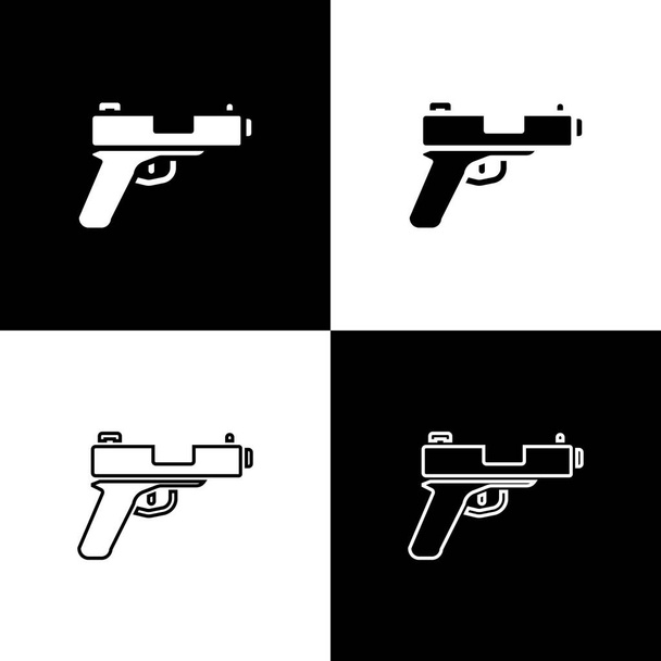 Установите пистолет или значок пистолета на черно-белом фоне. Полиция или военный пистолет. Небольшое оружие. Вектор - Вектор,изображение