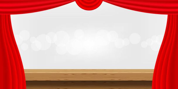 製品の表示を宣伝するための空の木製テーブルと豪華な赤いカーテン、カーテン付きの木製のトップテーブルの装飾、バナーコピースペースのテキストのための木製板板スペース、バナーのためのテーブルトップフロントビュー - ベクター画像