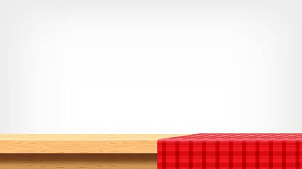 деревянная доска и красная скатерть вид спереди и пространство для копирования, пустая столешница и скатерть, красная клетчатая ткань на деревянной доске для фона, скатерть на столешнице, ткань на деревянном столе и серая стена - Вектор,изображение