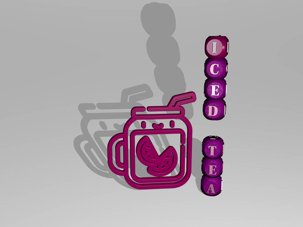 3D representation of iced tea with icon on the wall and text arranged by metallic cubic letters on a mirror floor for concept meaning and slideshow presentation. background and cold - Photo, Image